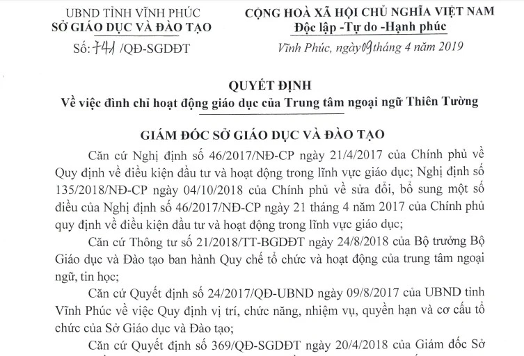 Vĩnh Phúc: Đình chỉ hoạt động giáo dục của Trung tâm ngoại ngữ Thiên Tường