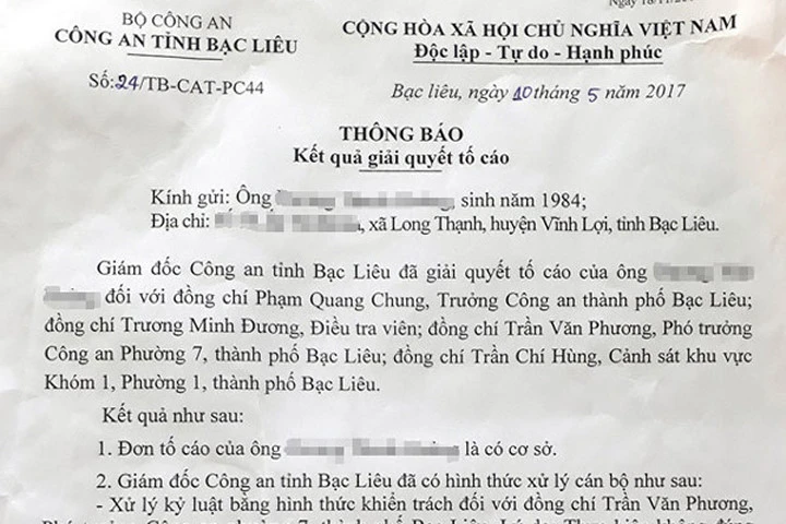 Đại tá Trần Phong - Phó Giám đốc Công an tỉnh Bạc Liêu vừa ký văn bản số 24/TB-CAT-PC44 thông báo kết quả giải quyết tố cáo của công dân.