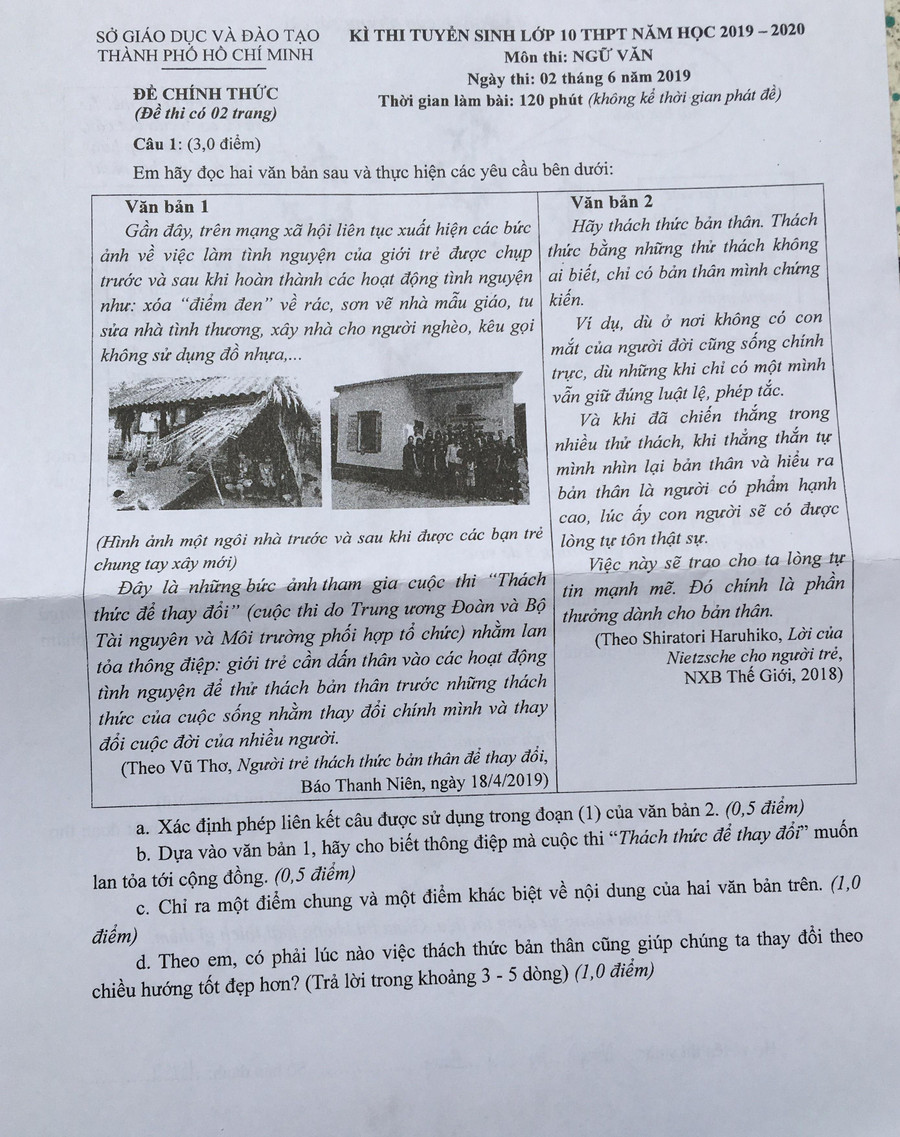 Ảnh chụp đề thi Ngữ văn (trang 1) Ảnh chụp đề thi Ngữ văn (trang 1)