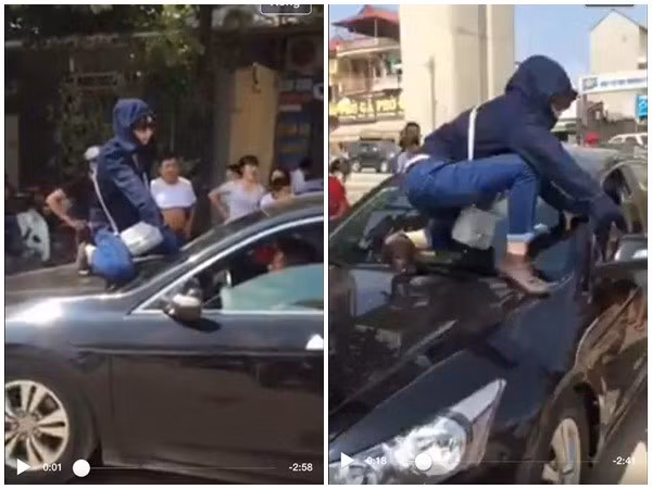 Nhảy lên ô tô đánh ghen vì bắt quả tang chồng lái xe chở bồ nhí
