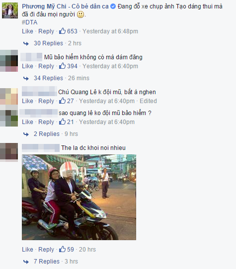Nhiều ý kiến tranh cãi xung quanh việc Quang Lê để đầu trần khi chở Phương Mỹ Chi. Fan tranh cãi ảnh Quang Lê không đội mũ bảo hiểm chở Mỹ Chi