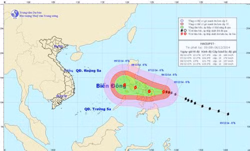 Đường đi và vị trí cơn bão Hagupit (ảnh: Trung tâm Dự báo Khí tượng Thủy văn Trung ương)
