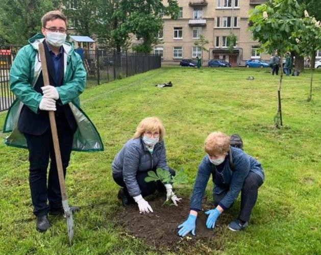 Giáo viên và học sinh trồng cây góp phần bảo vệ môi trường.