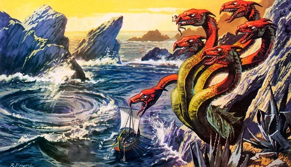 Phác họa quái vật Scylla 6 đầu và Charybdis trong thần thoại Hy Lạp