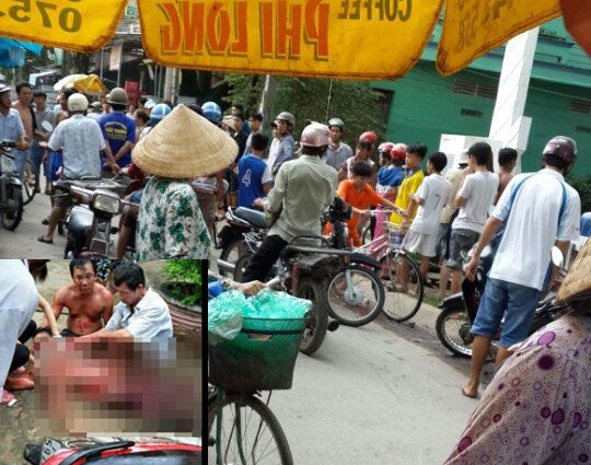 Hiện trường anh P bị 2 đối tượng dùng dao cắt cổ, tử vong tại chỗ sau khi va chạm giao thông