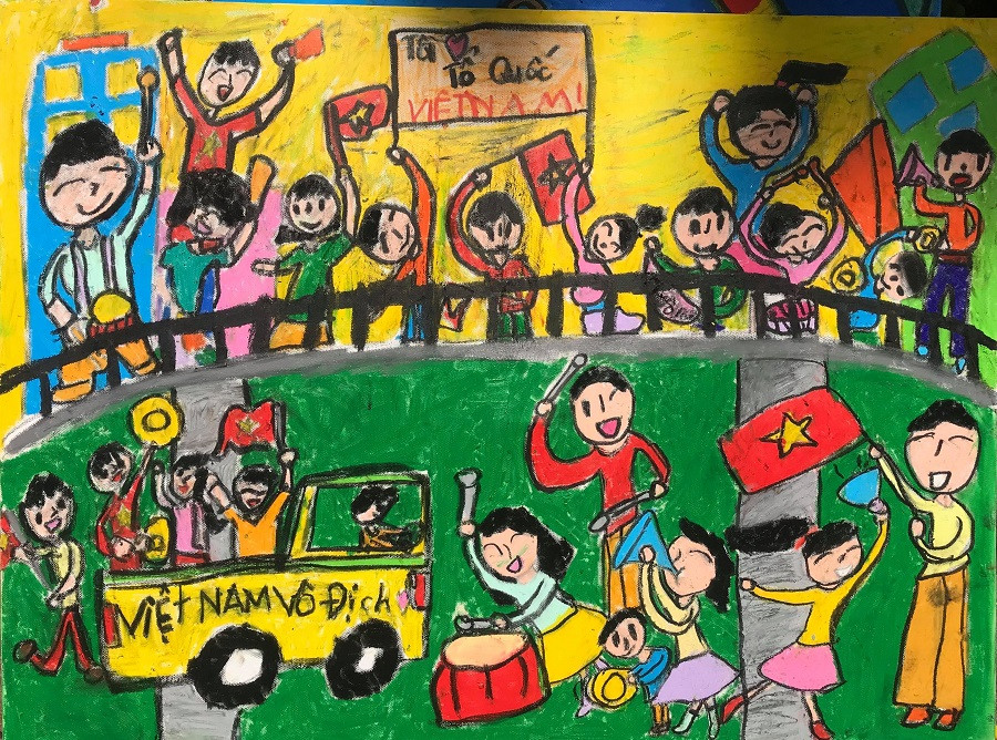 Bức tranh Ngày hội chiến thắng của các em Thảo nguyên, Minh châu, Uyên nhi, Trường Tiểu học Võ Thị Sáu (quận Gò Vấp)