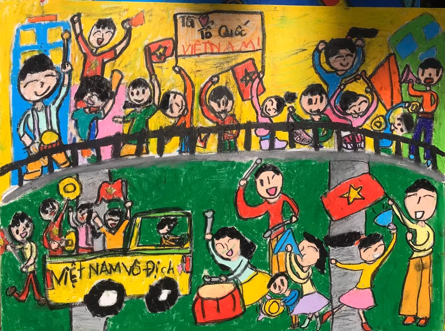 Bức tranh Ngày hội chiến thắng của các em Thảo nguyên, Minh châu, Uyên nhi, Trường Tiểu học Võ Thị Sáu (quận Gò Vấp)