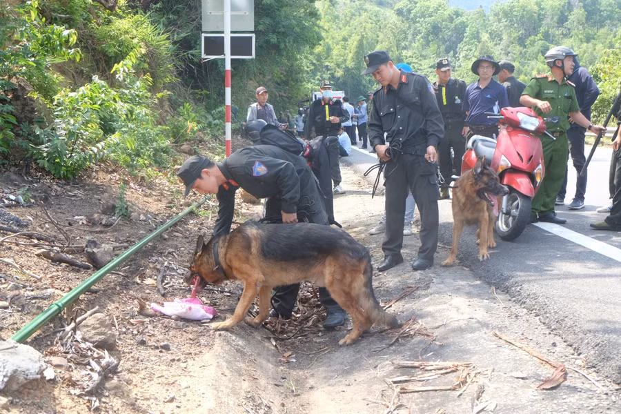 Lực lượng chức năng sử dụng chó nghiệp vụ để truy tìm đối tượng Triệu Quân Sự vào ngày 4/6/2020.