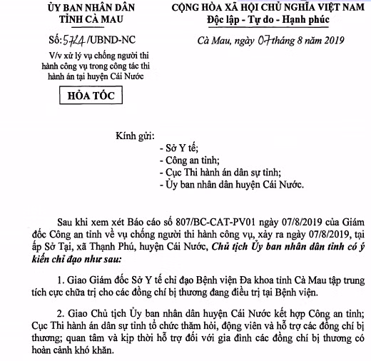 Công văn hỏa tốc của Chủ tịch UBND tỉnh Cà Mau chỉ đạo xử lý vụ việc