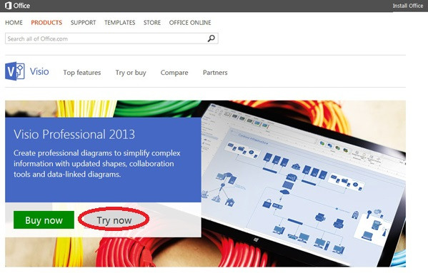 Hướng dẫn sử dụng Visio 2013: Bạn có thể tải Visio 2013 về dùng thử miễn phí trên trang chính của Visio và làm theo hướng dẫn. Trước hết bấm nút Try Now (khoanh đỏ). A1-Phan-mem-Visio-Huong-dan-su-dung-Visio-2013-Tai-Visio-2013.jpg