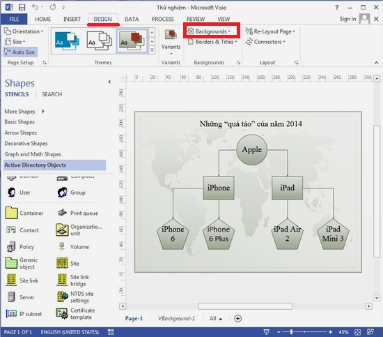 Hướng dẫn sử dụng Visio 2013: Vẫn trong tab DESIGN, hãy bấm Backgrounds (khung đỏ) để chọn phông nền cho sơ đồ của bạn. B10-Phan-mem-Visio-Huong-dan-su-dung-Visio-2013-Tai-Visio-2013.jpg