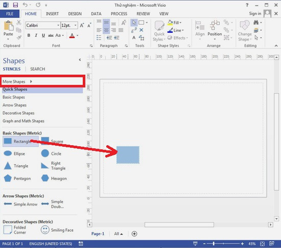 Hướng dẫn sử dụng Visio 2013: Bảng bên trái sẽ là tập hợp những hình khối dành cho kiểu mẫu bạn chọn, dù đương nhiên bạn có thể thêm bất kỳ hình khối nào trong mục More Shapes (khung đỏ). Khi muốn dùng hình khối nào hãy kéo thả hình khối đó vào trang bên phải. B3-Phan-mem-Visio-Huong-dan-su-dung-Visio-2013-Tai-Visio-2013.jpg
