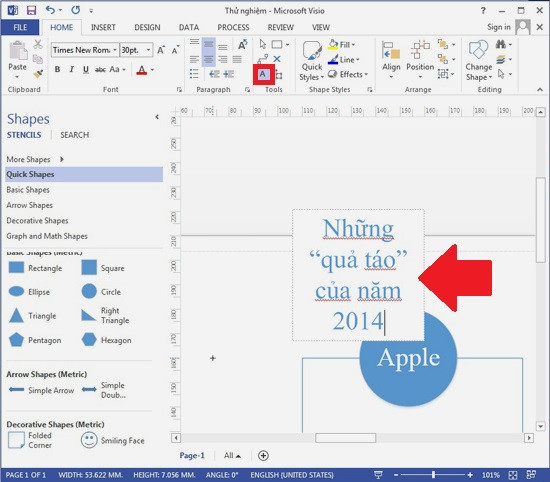 Hướng dẫn sử dụng Visio 2013: Khi muốn viết chữ vào khoảng trống bất kỳ, ví dụ như viết tiêu đề cho sơ đồ, hãy bấm nút Text (khung đỏ) và bấm chọn chỗ trong trang (mũi tên), rồi gõ… B6-Phan-mem-Visio-Huong-dan-su-dung-Visio-2013-Tai-Visio-2013.jpg