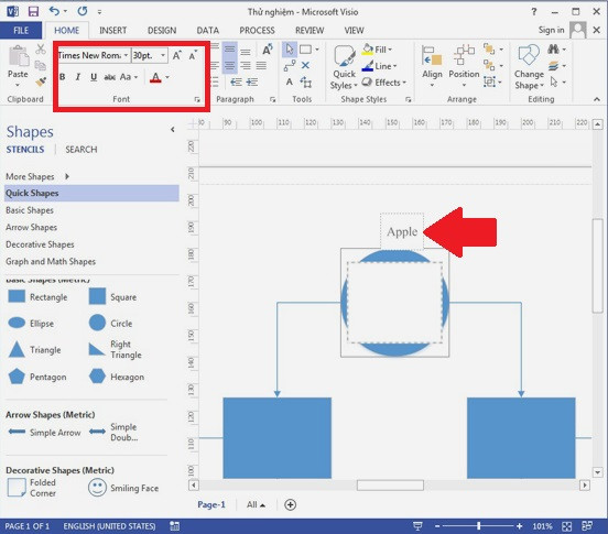 Hướng dẫn sử dụng Visio 2013: Để viết chữ lên hình khối, rất đơn giản, bạn hãy chọn hình khối mong muốn rồi bắt đầu gõ. Công cụ chỉnh sửa chữ vẫn nằm trên mục HOME => Font (khung đỏ) như các công cụ Office khác. B5-Phan-mem-Visio-Huong-dan-su-dung-Visio-2013-Tai-Visio-2013.jpg