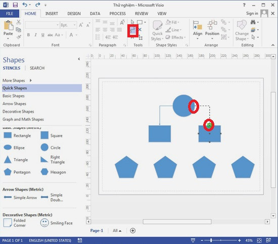 Hướng dẫn sử dụng Visio 2013: Để nối các hình khối với nhau, bạn hãy bấm nút Connector (khung đỏ) rồi kéo các đầu mối (khoanh tròn) từ hình khối nguồn sang hình khối đích. B4,5-Phan-mem-Visio-Huong-dan-su-dung-Visio-2013-Tai-Visio-2013.jpg