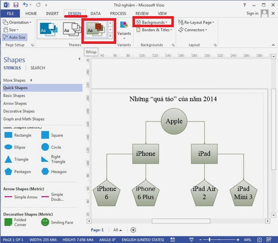 Hướng dẫn sử dụng Visio 2013: Bạn có thể vào tab DESIGN, tìm mục Themes để chọn đồng phục cho các hình khối. Ví dụ trong hình ta chọn đồng phục màu xám nhẹ (khung đỏ). B8-Phan-mem-Visio-Huong-dan-su-dung-Visio-2013-Tai-Visio-2013.jpg