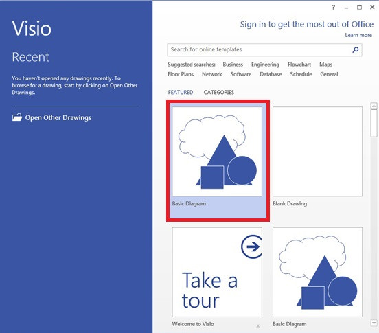 Hướng dẫn sử dụng Visio 2013: Khi mới mở Visio 2013 hoặc khi tạo một sơ đồ mới, bạn sẽ được chọn một trong số rất nhiều kiểu mẫu với những kho hình khối khác nhau. Trong ảnh ta chọn Basic Diagram, nghĩa là mẫu cơ bản. B1-Phan-mem-Visio-Huong-dan-su-dung-Visio-2013-Tai-Visio-2013.jpg