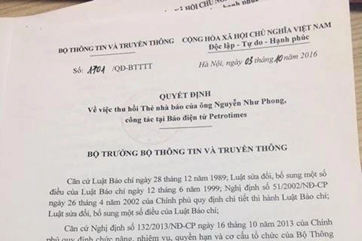 Đình bản báo Petrotimes, thu hồi Thẻ nhà báo Tổng biên tập