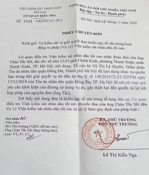 Phiếu chuyển đơn của Cơ quan điều tra của Viện kiểm sát Nhân dân tối cao gửi Vụ 12.