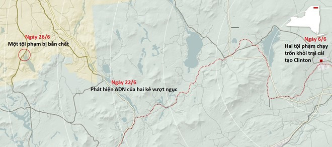 Bản đồ tái hiện hành trình vượt ngục của hai tội phạm David Sweat và Richard Matt. Ảnh: NYT Bản đồ tái hiện hành trình vượt ngục của hai tội phạm David Sweat và Richard Matt. Ảnh: NYT