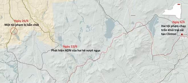 Bản đồ tái hiện hành trình vượt ngục của hai tội phạm David Sweat và Richard Matt. Ảnh: NYT