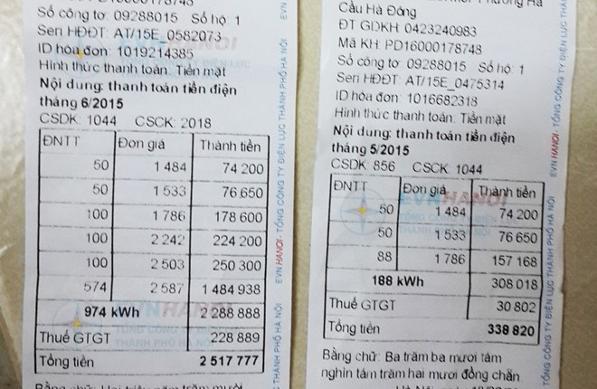 Hóa đơn điện của gia đình chị Dung tăng gấp 8 lần ở tháng 6. Ảnh: Ngọc Lan. Người dùng sốc vì hóa đơn tiền điện tăng 8 lần