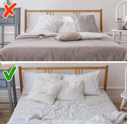 Gấp chăn ngay sau khi thức dậy: Khi bạn vừa ngủ dậy, chăn gối vẫn còn nóng ẩm. Nếu chúng được gấp lại ngay sẽ tạo ra sự ẩm ướt giữa các lớp vải, tích tụ bụi bẩn, vi khuẩn. Với việc để nguyên giường sau khi ngủ dậy, chăn gối sẽ được khô và không có chỗ cho các chất gây hại cho cơ thể bạn.