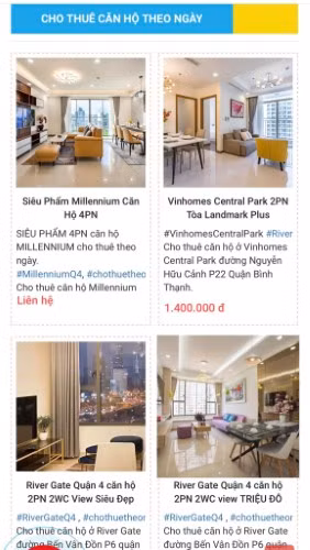 Các thông tin về căn hộ chung cư cho thuê theo ngày nhiều trên mạng.