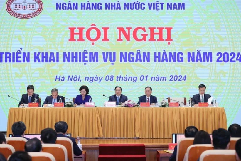 Thủ tướng Phạm Minh Chính dự Hội nghị triển khai nhiệm vụ ngành ngân hàng năm 2024. (Ảnh: Dương Giang/TTXVN)