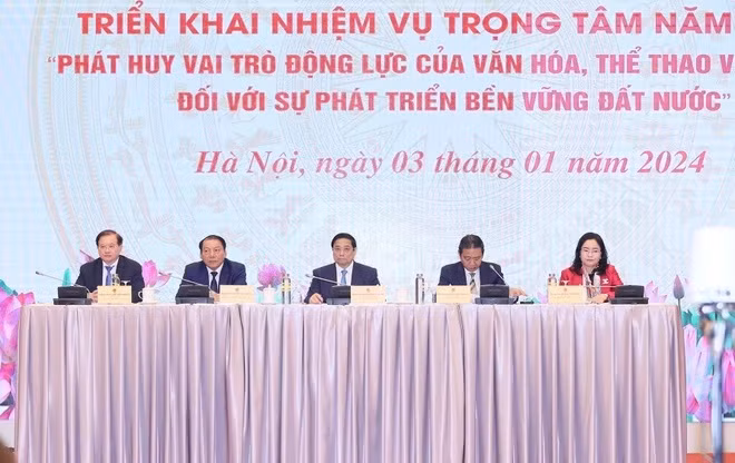 Thủ tướng Phạm Minh Chính và lãnh đạo Bộ Văn hóa, Thể thao và Du lịch chủ trì hội nghị. (Ảnh: Dương Giang/TTXVN)