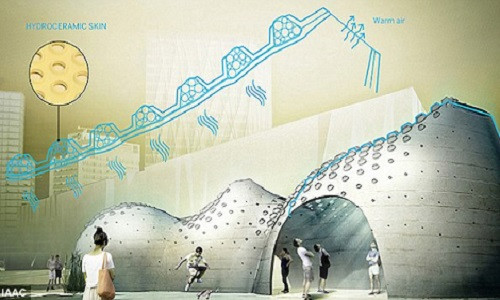 Các bong bóng gel đặt giữa các lớp gốm trên tường có tác dụng "đổ mồ hôi" và làm giảm nhiệt độ không khí giống điều hòa.