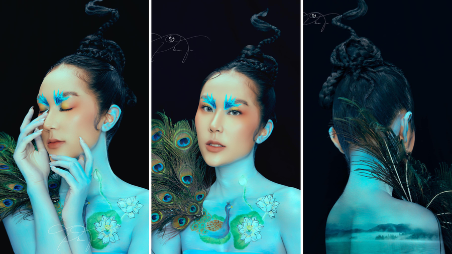 Tác phẩm “Trở về thiên nhiên” của nhóm Queen, gồm: Học viên Trương Thị Mỹ Dung (SN 2003), Trương Thị Ngọc Linh (SN 2003) và Bùi Thuý Quỳnh (SN 2003), được lấy cảm hứng từ hình tượng chim công và hoa sen. Tác phẩm “Trở về thiên nhiên” của nhóm Queen, gồm: Học viên Trương Thị Mỹ Dung (SN 2003), Trương Thị Ngọc Linh (SN 2003) và Bùi Thuý Quỳnh (SN 2003), được lấy cảm hứng từ hình tượng chim công và hoa sen.