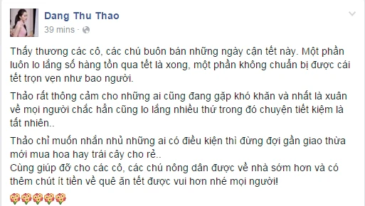 Hoa hậu Thu Thảo mong mọi người mua hoa Tết trước giao thừa giúp nông dân