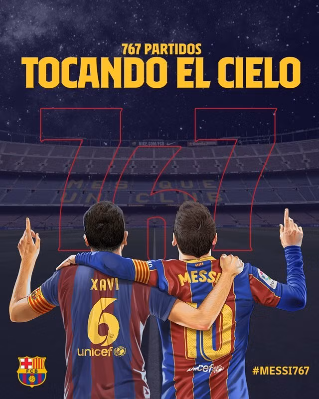 Messi cân bằng thành tích 767 lần ra sân của Xavi.