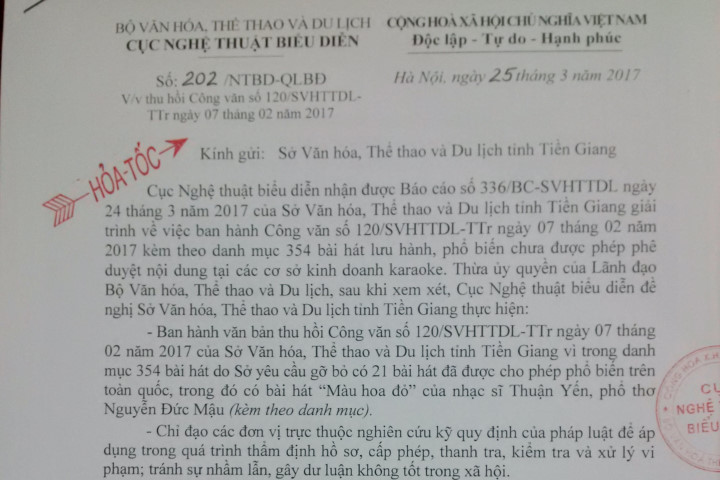Tiền Giang phải xử lý vụ cấm bài hát Màu hoa đỏ trước ngày 27/3
