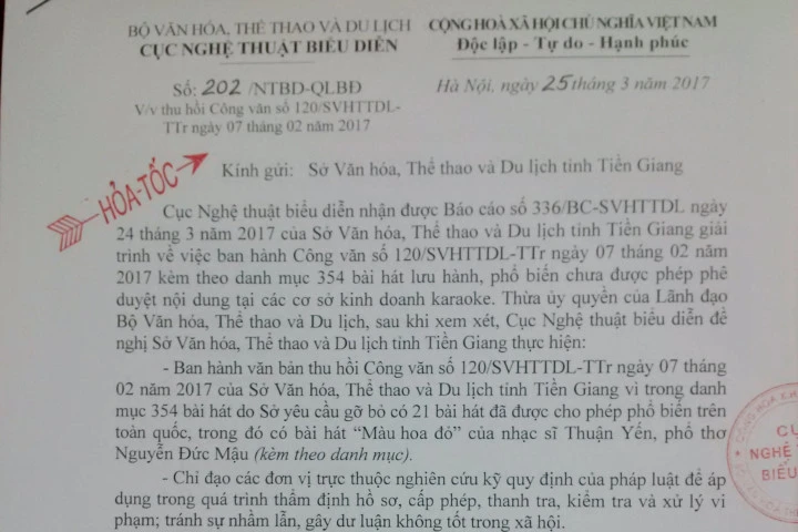 Tiền Giang phải xử lý vụ cấm bài hát Màu hoa đỏ trước ngày 27/3