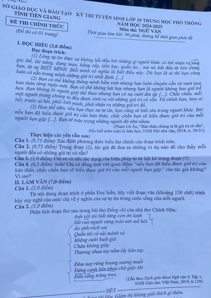 Đề thi môn Ngữ văn kỳ thi tuyển sinh lớp 10 tỉnh Tiền Giang.