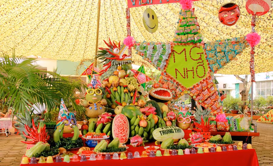 Mâm ngũ quả của tổ công đoàn Trường Mầm non 19-5 thành phố Thái Nguyên. Ảnh: ITN.