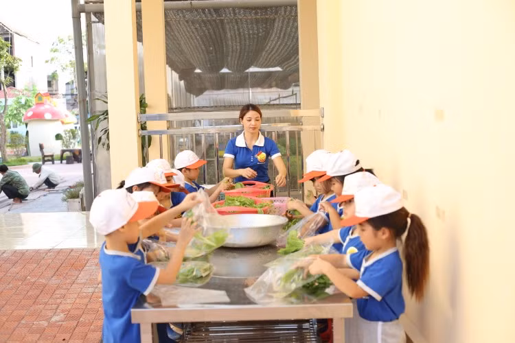 Các em học sinh học cách đóng gói bảo quản rau sạch. Ảnh: TG