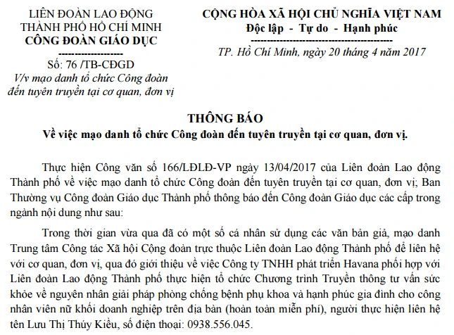 Công đoàn GD TPHCM cảnh báo việc mạo danh tổ chức công đoàn đến tuyên truyền