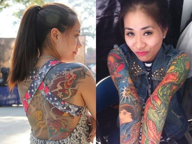 Các hình xăm lớn trên cơ thể Kim Hằng. Ảnh: Nhân vật cung cấp. Cặp vợ chồng Sài thành muốn phủ kín hình xăm trên cơ thể