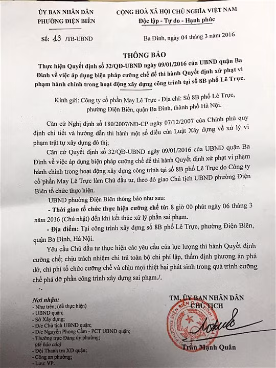  Thông báo cưỡng chế của UBND phường Điện Biên 