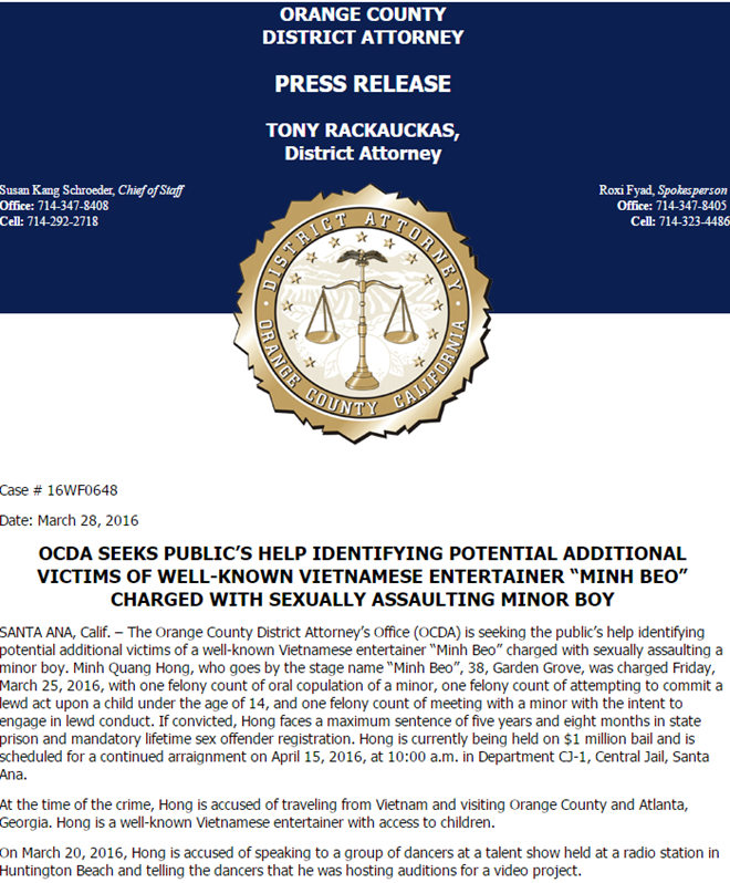 Thông cáo báo chí về vụ bắt giữ Minh Béo của Văn phòng Biện lý quận Cam. Thông cáo báo chí về vụ bắt giữ Minh Béo của Văn phòng Biện lý quận Cam.