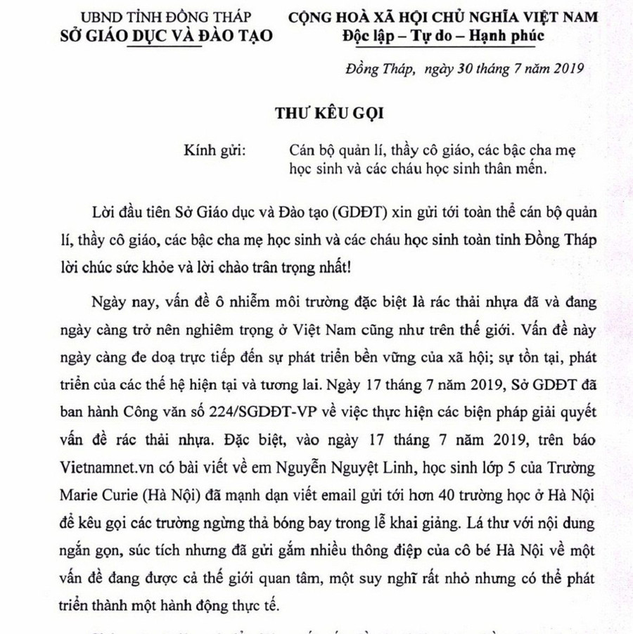 Nội dung Thư kêu gọi của Giám đốc Sở GD&ĐT tỉnh Đồng Tháp Nội dung Thư kêu gọi của Giám đốc Sở GD&ĐT tỉnh Đồng Tháp