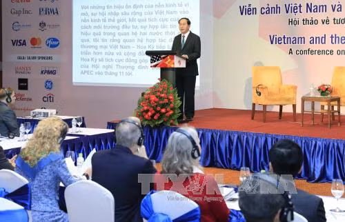 Chủ tịch nước Trần Đại Quang phát biểu trước đại diện cộng đồng doanh nghiệp Việt Nam và Hoa Kỳ. Ảnh: TTXVN