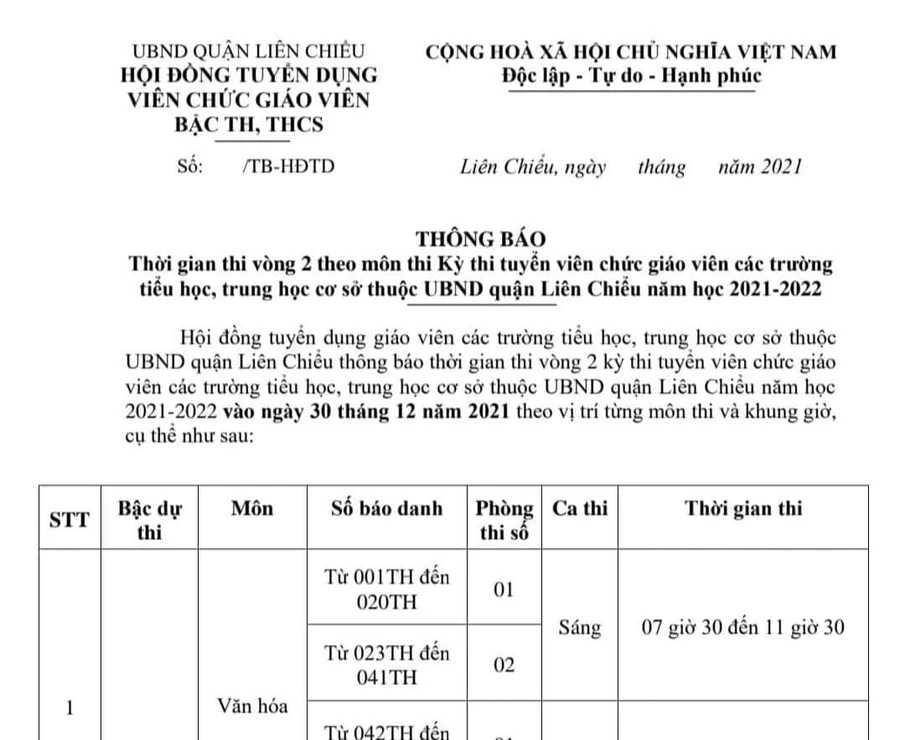 Vòng 2 của kỳ thi tuyển dụng viên chức giáo viên các trường tiểu học, THCS năm 2021 được quận Liên Chiểu tổ chức theo hình thức vấn đáp