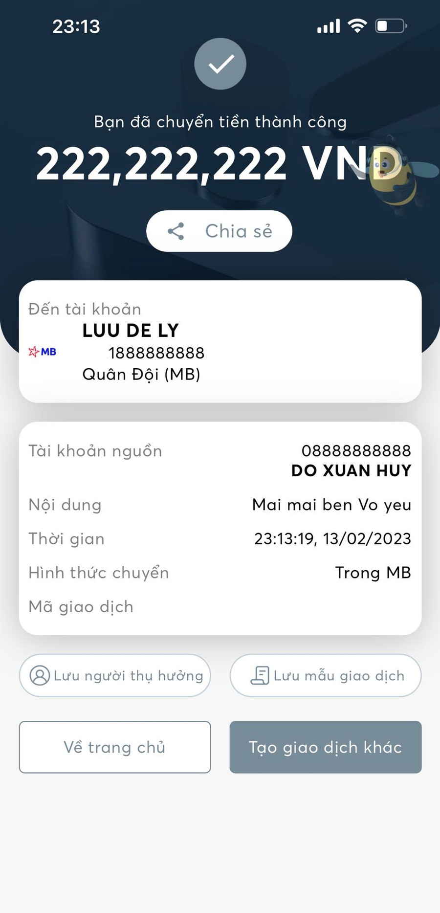 Lưu Đê Ly được chồng chuyển khoản hơn 200 triệu đồng làm quà Valentine.