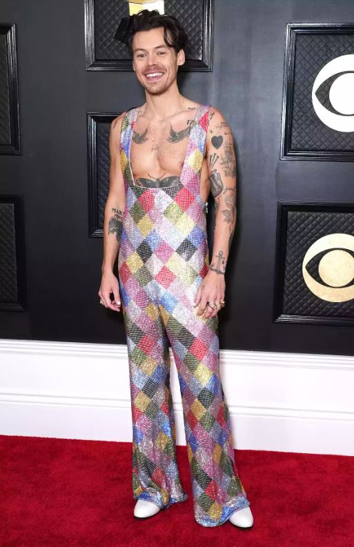Harry Styles diện trên mình bộ áo liền quần in hình harlequin đầy màu sắc, được tạo ra bởi rất nhiều viên pha lê Swarovski. Harry Styles diện trên mình bộ áo liền quần in hình harlequin đầy màu sắc, được tạo ra bởi rất nhiều viên pha lê Swarovski.