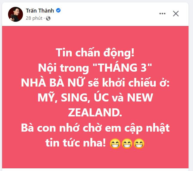 Bộ phim Nhà Bà Nữ sẽ khởi chiếu ở nước ngoài.