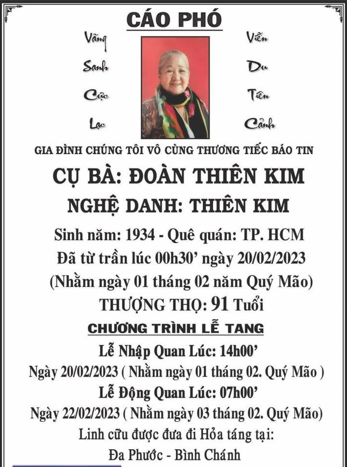 Cáo phó của nghệ sỹ Thiên Kim. Cáo phó của nghệ sỹ Thiên Kim.